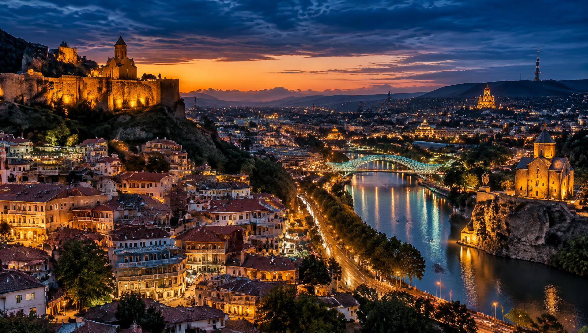 Panoramic view of Tbilisi at blue hour — Narikala Fortress, Metekhi church, the Bridge of Peace and the Mtkvari river glowing with city lights